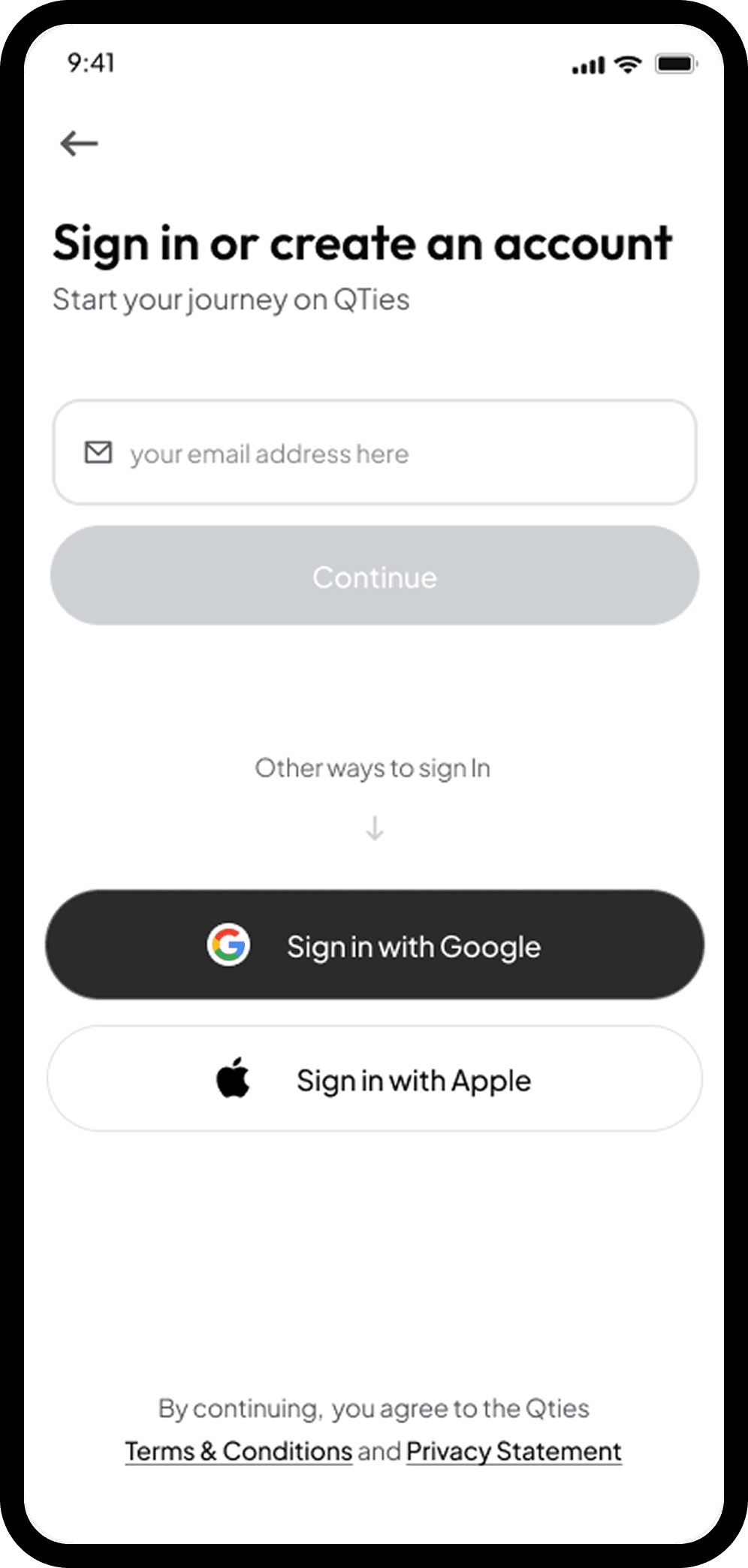 Sign in / create account screen