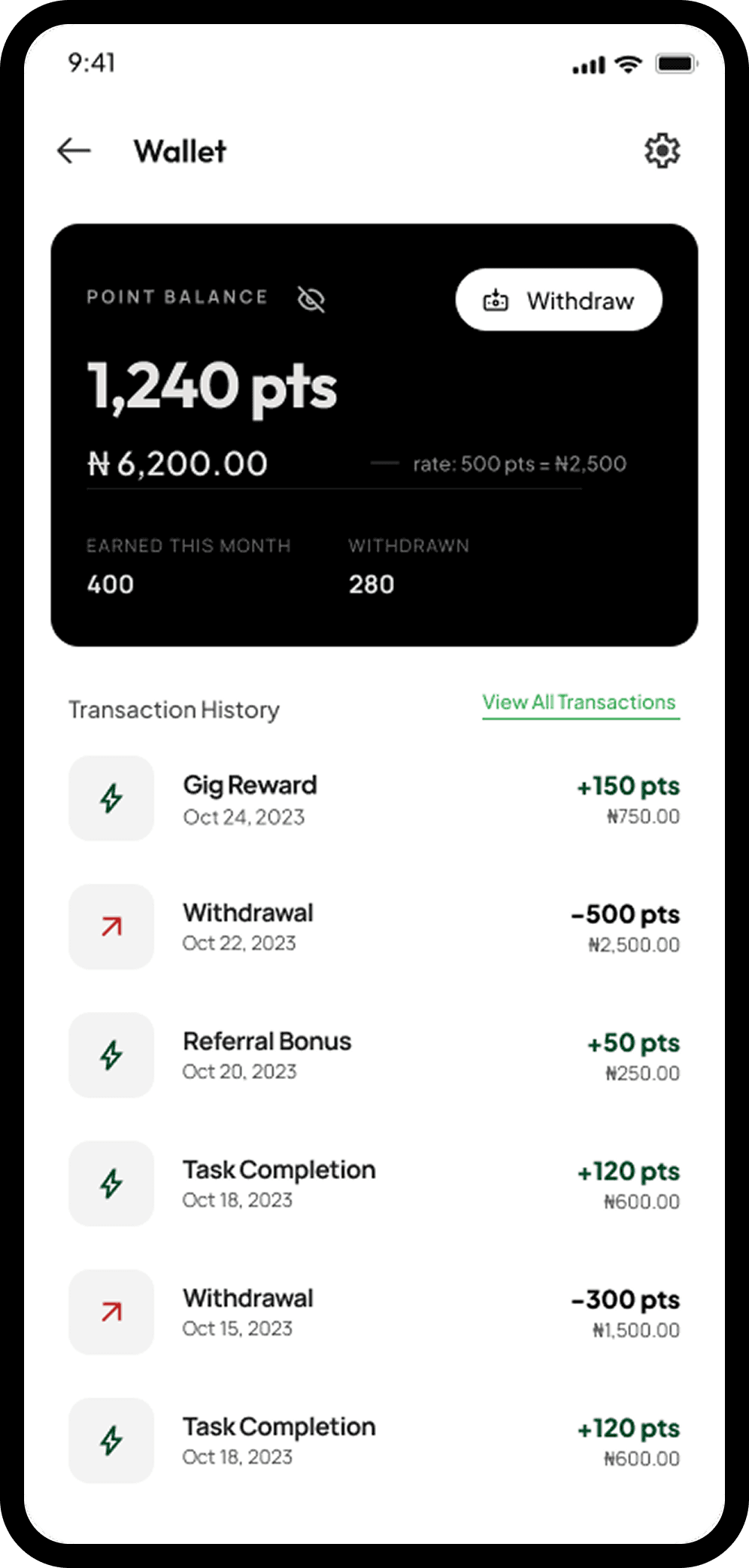 Wallet earnings screen